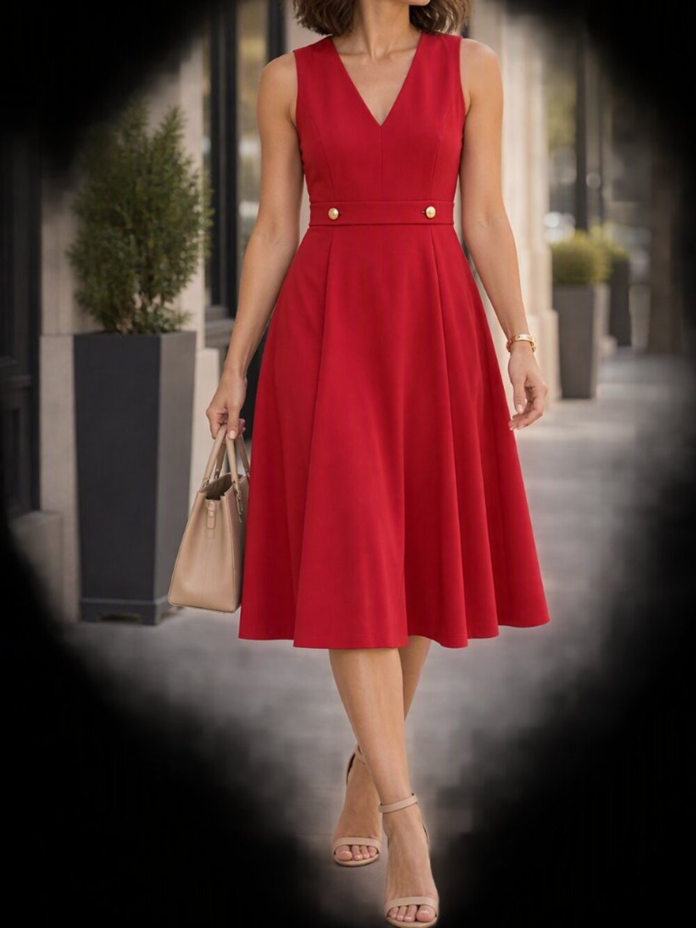 Calvin Klein V-Neck Fit and Flare Midi Dress with Gold Buttons